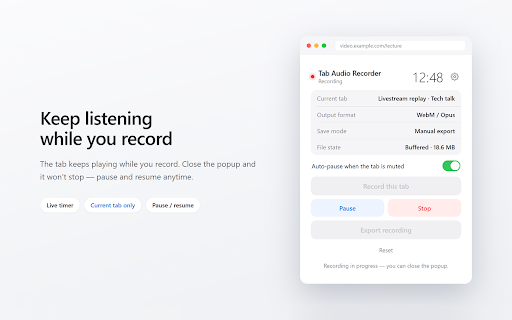 Tab Audio Recorder :: Record the current tab's audio locally as a WebM/Opus file. No uploads, no microphone, no tracking.