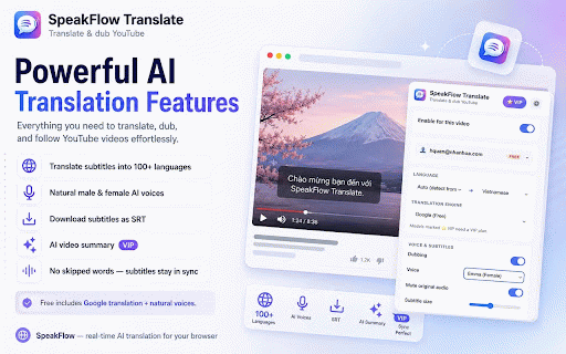 SpeakFlow Translate :: Translate & AI-dub any YouTube video: natural voices, 100+ languages, subtitle (SRT) export, AI summary.