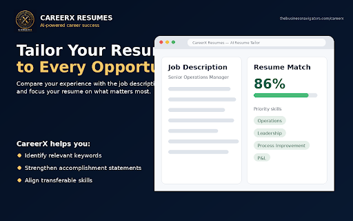 CareerX Resumes - Smart Resume & LinkedIn Career Toolkit :: Craft standout resumes with AI, sharpen your LinkedIn presence, and stay organized in your job search with CareerX Resumes.