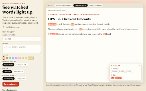 WordGlow :: Highlight watched words on every page — or only on a site you choose.