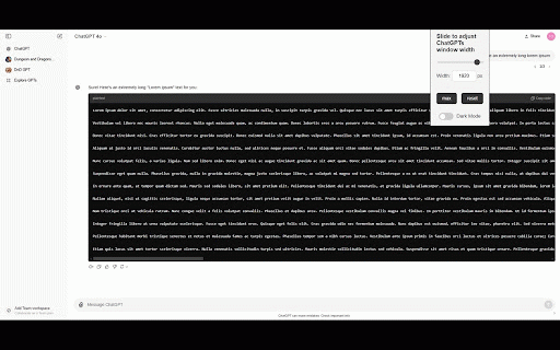Larger ChatGPT Interactive Window :: Dynamically change and maximize the width of ChatGPTs interactive window. Override default text colour to fix darkmode settings