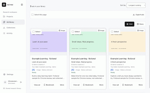 Ad Intel Browser Collector :: Collect public Meta and Google ads through your browser and save them to your Ad Intel workspace.