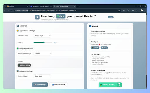 Since — On-Page Timer :: Time since opened. Time since active. Draggable on-page timer with Open/Idle modes and hover to show "Opened at".