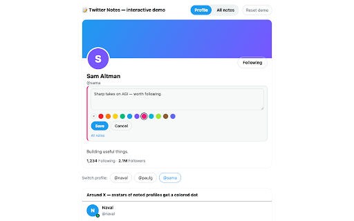 Twitter Notes — private notes on X profiles :: Add private notes to profiles on X.com (Twitter). Data stays local and is visible only to you.