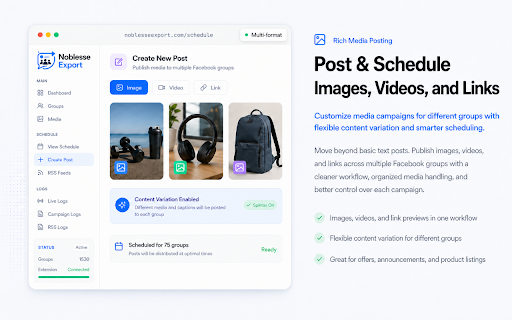 Noblesse Export - AI Automation for FB Groups :: Automate Facebook Group posting with AI tools, smart scheduling, bulk publishing, analytics, and safer workflow controls.
