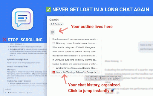 Chat Outline for Gemini: Reclaim Your Focus :: Quickly navigate your Gemini chats with a clickable outline. Never get lost in long conversations again.