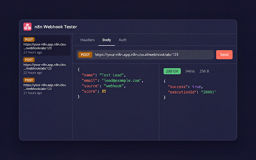n8n Webhook Tester - Debug & Test n8n Automation Workflows :: Test & debug n8n webhook URLs and automation triggers. Send HTTP requests, import cURL, inspect responses. Free n8n tool.
