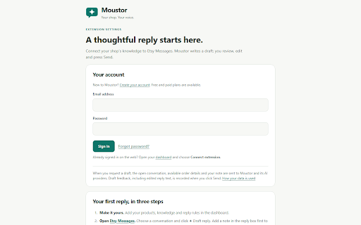 Moustor :: Draft AI replies to Etsy messages using your shop's products, knowledge and rules. You review, edit and send every reply.
