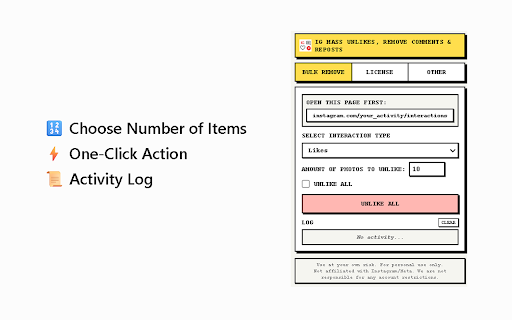 IG Mass Unlikes, Remove Comments & Reposts :: Bulk unlike posts, delete comments, remove reposts, story replies, and reviews on Instagram in one click.