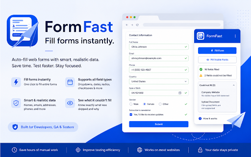 FormFast — Fill forms instantly :: Fill forms instantly. Dropdowns, dates, radios and checkboxes too — then see exactly what it could not fill, and why.
