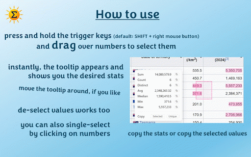 Summr :: Drag, click or multi-select any numbers on a page to instantly see Sum, Count, Distinct, Average, Median, Min and Max.