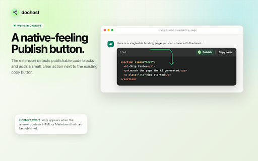 Publish to dochost :: One-click publish of AI-generated HTML and Markdown as a live, shareable web page — no copy-paste, no hosting setup.