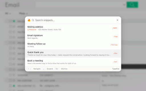 TypeFire :: Type a short abbreviation, get a full snippet. Text expansion that works in any web app.