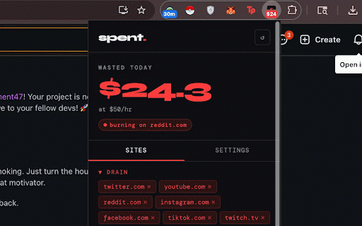Spent :: Watch your hourly rate tick away on distraction sites. Make the cost visible.