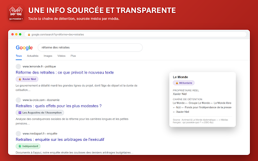 Qui possède ? - affichez qui détient les médias :: Voyez qui possède vos médias dans vos recherches Web, 7 moteurs de recherche compatibles.