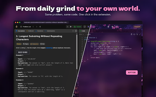 Theme Studio for LeetCode – Dark Themes & Anime Backgrounds :: Custom LeetCode themes and dark mode for the code editor and problem page. Set any picture or anime scene as your background.