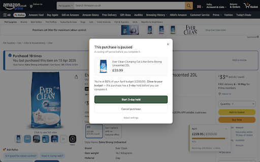 Amazon Pause :: See your real Amazon spend on every page, and add a cooling-off period to big purchases. All local, all private.