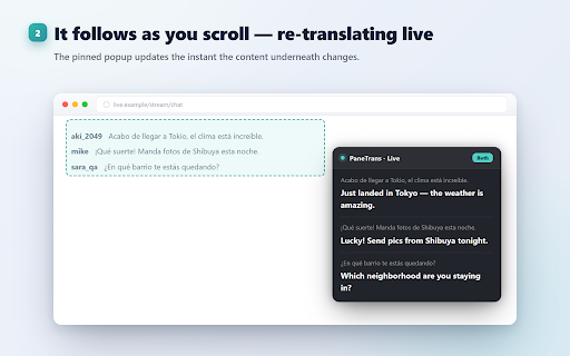 PaneTrans :: Pin a live translation popup to any page region — chat, subs, tickers. On-device AI by default; optional Cloud LLM for top quality.