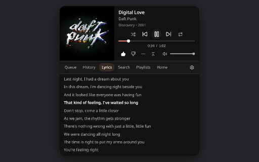 Companion for YouTube Music :: Control YouTube Music from a toolbar popup: playback, queue, recommendations, history, search, playlists and synced lyrics.
