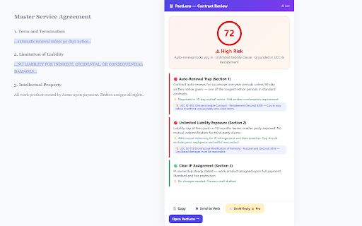 PactLens — AI Contract Review Assistant :: AI contract review grounded in 1,700+ real statutes. Risk scores, clause analysis, 8 jurisdictions. 100% private.