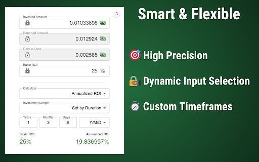 ROI Calculator :: Use ROI Calculator to estimate your return on investment, whether yearly, monthly, or without a specific time period.