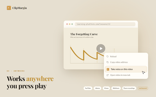 ClipMargin: Take notes on any video :: Take notes on any video, course, or lecture. Search across everything you've watched. Export to Markdown, anywhere.
