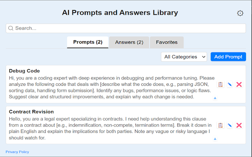 AI Prompts and Answers Library :: Save AI Prompts and Answers by right-clicking text in AI tools or the extension. Reuse them anywhere with a right-click.