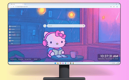 Hello Kitty Lofi Cafe Rainy Evening Live Wallpaper :: Hello Kitty reads in cozy cafe with headphones, rain, purple-blue lofi aesthetic vibes.