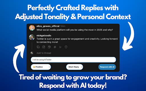Respond With AI - Intelligent Replies for X/Twitter, LinkedIn & Threads :: RespondWith.ai is a browser extension that helps you write better replies on X/Twitter, LinkedIn & Threads using AI