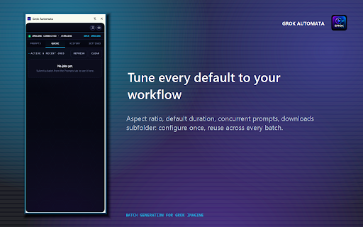 Grok Automata :: Batch text-to-image, text-to-video, and frame-to-video generation on Grok Imagine. Free, no signup, no telemetry.