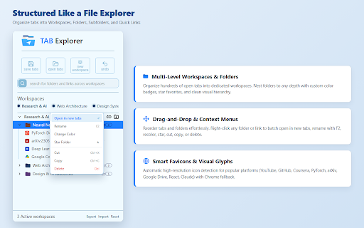 TAB Explorer :: Organize tabs into workspaces, folders, and links in Chrome's side panel.
