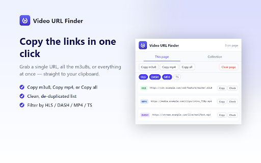 Video URL Finder :: Detects HLS, DASH and MP4 video stream URLs a page loads, so you can copy them to test your own player or ingest pipeline.