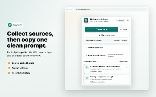 AI Context Clipper :: Clip web pages and selected text into clean, source-backed AI prompt context.