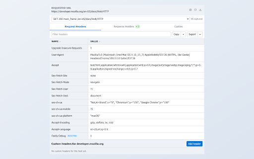 CDN Headers & Cookies :: Inspect request headers, response headers, CDN debug headers and cookies for any request on the page.
