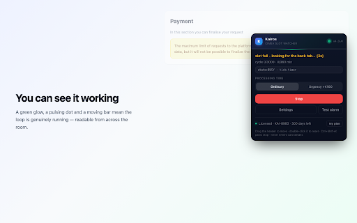 Kairos — CIMEA Payment Slot Alert :: CIMEA payment slot alert. Watches your Diplome request and alarms the second a slot opens. Never enters card details, never pays.