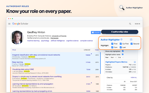Google Scholar Author Highlighter :: See first, co-first, second, corresponding, and last-author papers with authorship metrics on Google Scholar profiles.