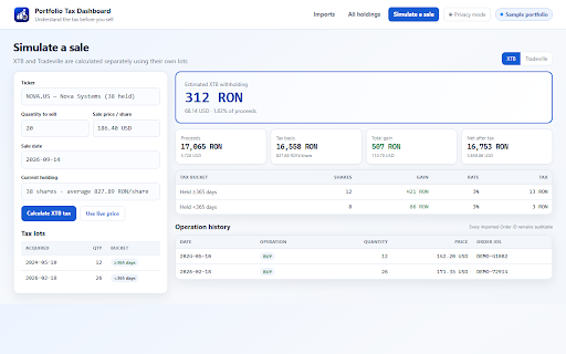 Portfolio Tax Dashboard (Standalone) :: Imports downloaded broker reports and computes Romanian portfolio taxes entirely in the browser.