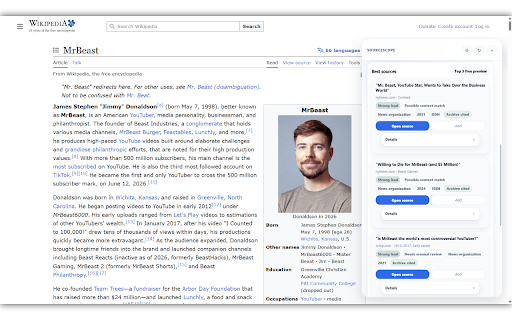 SourceScope — Wikipedia Research Assistant :: Turn Wikipedia into a research workflow. Check citations, find stronger sources, recover archives, and export Source Packs.
