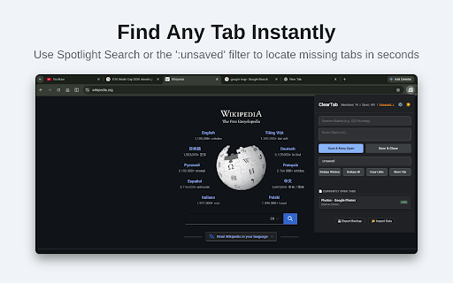 ClearTab :: Organize tabs, save memory, remove duplicates, and export tab URLs smoothly.