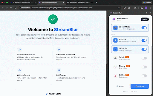 StreamBlur :: Protect API keys, passwords, and secrets while streaming. Blur protection for YouTube, Twitter, GitHub, Discord & Twitch.