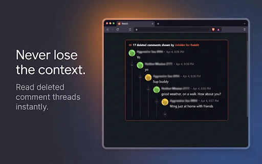Unhider for Reddit :: Seamlessly explore hidden user profiles, read deleted comments, and view removed posts natively within the interface on Reddit.com.