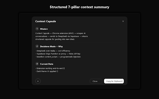 Context Capsule :: Extract structured context from AI conversations. Switch models without losing your train of thought.