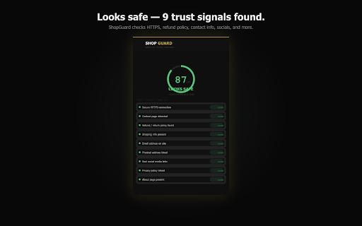 ShopGuard — Website Trust Checker :: Check any website before you buy. Scores refund policy, contact info, HTTPS, social links, and 12+ trust signals in one click.