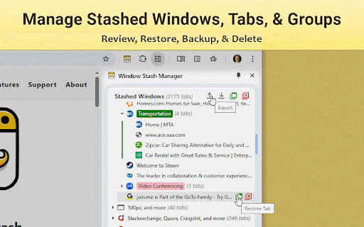 Window Stash :: Easily stash, backup, and restore Chrome windows, including tab groups.