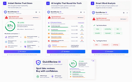 QuickReview AI :: QuickReview AI spots fakes, reveals patterns, and helps you choose before you buy.100% private, runs in your browser.