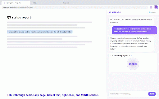 MIND – AI wellbeing companion :: Free AI wellbeing companion beside any page: talk it through, breathe, track your mood. Calm for stressful moments.
