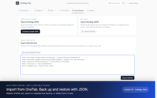OnePage Tabs - Tab Manager :: A tab manager and upgraded alternative to OneTab, with automatic Google Drive sync.