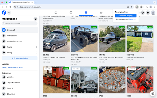 FB Marketplace Seen Tracker :: Marks Facebook Marketplace listings you've already viewed with a green tick and 'Seen'.