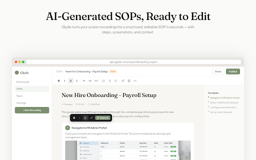 Glyde - Create Step by Step Guides & SOPs :: AI-powered screen recorder that turns workflows into step-by-step guides and SOPs.