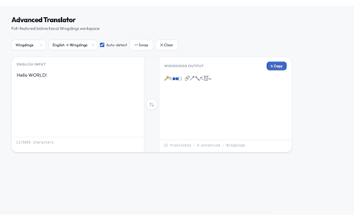 Wingdings Translator — All Fonts :: Translate English ↔ Wingdings, Wingdings 2, Wingdings 3 & Webdings. Character chart, history, favorites. 100% offline.